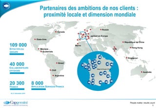 partager notre savoir-faire sur les systèmes complexes.Notre mission : obtenir des résultatsCapgemini vous rend plus agile et plus compétitif  en soutenant votre capacité à vous appuyer sur la technologie appropriée.Consulting ServicesApplication ServicesInfrastructure ServicesBusiness Process Outsourcing Notre vision : réussir grâce aux hommesLa réussite de vos projets ne dépend pas uniquement de la technologie. Les hommes sont au cœur du développement de l’entreprise. Sogeti Services de proximité3