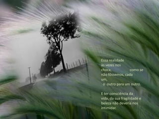 Essa realidade                             às vezes nos choca,                    como se não fôssemos, cada um,                                           o  outro para um outro. E ter consciência da vida, da sua fragilidade e beleza não deveria nos intimidar.