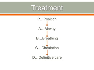 P…Position
A…Airway
B…Breathing
C…Circulation
D…Definitive care
 