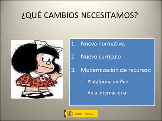 ¿QUÉ CAMBIOS NECESITAMOS? Nueva normativa Nuevo currículo Modernización de recursos: Plataforma  on-line  Aula Internacional 