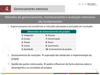 4.     Gerenciamento intensivo

Métodos de gerenciamento, monitoramento e avaliação intensivos
                     são fundamentais
  O gerenciamento visa transformar as intenções planejadas e pactuadas em resultados

                    Dimensões do Gerenciamento de projeto
              1. Integração           6. Pessoas
              2. Escopo               7. Comunicação
              3. Tempo                8. Riscos
              4. Custos               9. Suprimento
              5. Qualidade            10. Encerramento do projeto

    Gerenciamento de restrições  superação dos obstáculos a implementação do
     projeto

    Gestão das partes interessadas  podem influenciar de forma decisiva sobre o
     desempenho e os resultados do projeto
                                                                                        11
 