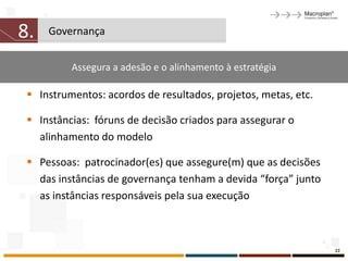 8.   Governança


          Assegura a adesão e o alinhamento à estratégia

  Instrumentos: acordos de resultados, projetos, metas, etc.

  Instâncias: fóruns de decisão criados para assegurar o
   alinhamento do modelo

  Pessoas: patrocinador(es) que assegure(m) que as decisões
   das instâncias de governança tenham a devida “força” junto
   as instâncias responsáveis pela sua execução



                                                                22
 