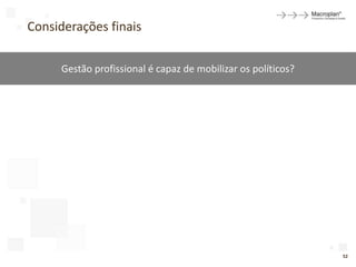 Considerações finais

     Gestão profissional é capaz de mobilizar os políticos?




                                                              52
 