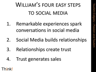 William’s four easy steps to social mediaRemarkable experiences spark conversations in social mediaSocial Media builds relationshipsRelationships create trustTrust generates sales 