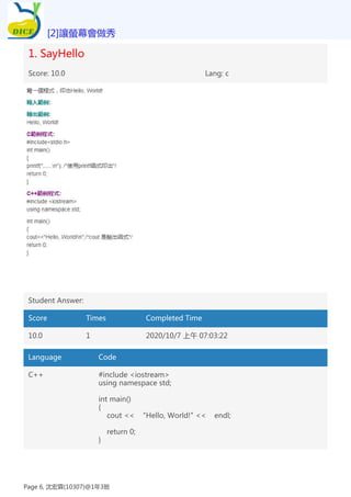 1. SayHello
Score: 10.0 Lang: c
Student Answer:
Score Times Completed Time
10.0 1 2020/10/7 上午 07:03:22
Language Code
C++ #include <iostream>
using namespace std;
int main()
{
cout << "Hello, World!" << endl;
return 0;
}
[2]讓螢幕會做秀
Page 6, 沈宏霖(10307)@1年3班
 