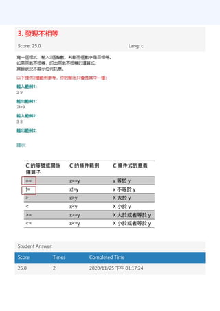 3. 發現不相等
Score: 25.0 Lang: c
Student Answer:
Score Times Completed Time
25.0 2 2020/11/25 下午 01:17:24
 