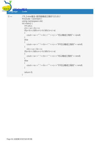 Language Code
C++ /*9_2.else魔法-是否能構成三角形?(15.0)*/
#include <iostream>
using namespace std;
int main() {
int a,b,c;
cin>>a>>b>>c;
if(a+b>c && a+c>b && b+c>a)
{
cout<<a<<" "<<b<<" "<<c<<"可以構成三角形"<<endl;
}
else
{
cout<<a<<" "<<b<<" "<<c<<"不可以構成三角形"<<endl;
}
cin>>a>>b>>c;
if(a+b>c && a+c>b && b+c>a)
{
cout<<a<<" "<<b<<" "<<c<<"可以構成三角形"<<endl;
}
else
{
cout<<a<<" "<<b<<" "<<c<<"不可以構成三角形"<<endl;
}
return 0;
}
[9]else魔法
Page 83, 沈宏霖(10307)@1年3班
 