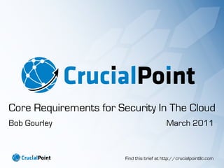 Core Requirements for Security In The Cloud
Bob Gourley                                 March 2011


                        Find this brief at http://crucialpointllc.com
 