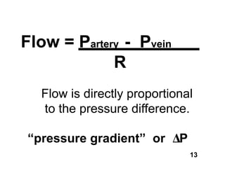 Flow = Partery - Pvein
             R
  Flow is directly proportional
  to the pressure difference.

“pressure gradient” or      P
                                13
 