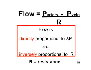 Flow = Partery - Pvein
             R
         Flow is
directly proportional to P
           and
inversely proportional to R
     R = resistance           18
 