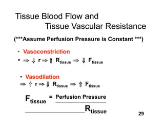 Tissue Blood Flow and
        Tissue Vascular Resistance
(***Assume Perfusion Pressure is Constant ***)

 • Vasoconstriction
 •     r      Rtissue     Ftissue

  • Vasodilation
       r      Rtissue    Ftissue

   Ftissue   = Perfusion Pressure

                         Rtissue            29
 