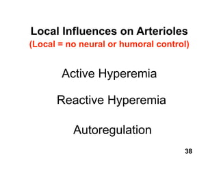 Local Influences on Arterioles
(Local = no neural or humoral control)


       Active Hyperemia

      Reactive Hyperemia

          Autoregulation
                                    38
 