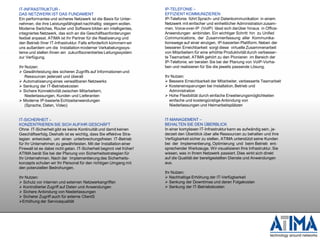 IT-INFRASTRUKTUR -                                                      IP-TELEFONIE –
DAS NETZWERK IST DAS FUNDAMENT                                          EFFIZIENT KOMMUNIZIEREN
Ein performantes und sicheres Netzwerk ist die Basis für Unter-         IP-Telefonie führt Sprach- und Datenkommunikation in einem
nehmen, die ihre Leistungsfähigkeit nachhaltig steigern wollen.         Netzwerk mit einfacher und einheitlicher Administration zusam-
Moderne Switches, Router und Software bilden ein intelligentes,         men. Voice-over-IP (VoIP) lässt sich darüber hinaus in Office-
integriertes Netzwerk, das sich an die Geschäftsanforderungen           Anwendungen einbinden. Ein wichtiger Schritt hin zu Unifed
fexibel anpasst. ATIMA ist Ihr Partner für die Realisierung und         Communications, der Zusammenfassung aller Kommunika-
den Betrieb Ihrer IT-Infrastruktur. Falls erforderlich kümmern wir      tionswege auf einer einzigen, IP-basierten Plattform. Neben der
uns außerdem um die Installation moderner Verkabelungssys-              besseren Erreichbarkeit sorgt diese virtuelle Zusammenarbeit
teme und stellen Ihnen ein zukunftsorientiertes Leitungssystem          von Mitarbeitern für eine erhöhte Produktivität durch verbesser-
zur Verfügung.                                                          te Teamarbeit. ATIMA gehört zu den Pionieren im Bereich der
                                                                        IP-Telefonie. wir beraten Sie bei der Planung von VoIP-Vorha-
Ihr Nutzen:                                                             ben und realisieren für Sie die jeweils passende Lösung.
 Gewährleistung des sicheren Zugriffs auf Informationen und
    Ressourcen jederzeit und überall                                    Ihr Nutzen:
 Automatisierung eines verwaltbaren Netzwerks                           Bessere Erreichbarkeit der Mitarbeiter, verbesserte Teamarbeit
 Senkung der IT-Betriebskosten                                          Kosteneinsparungen bei Installation, Betrieb und
 Sichere Konnektivität zwischen Mitarbeitern,                             Administration
    Niederlassungen, Kunden und Lieferanten                              Hohe Flexibilität durch einfache Erweiterungsmöglichkeiten
 Moderne IP-basierte Echtzeitanwendungen                                  einfache und kostengünstige Anbindung von
    (Sprache, Daten, Video)                                                Niederlassungen und Heimarbeitsplätzen


IT-SICHERHEIT –                                                         IT-MANAGEMENT –
KONZENTRIEREN SIE SICH AUFIHR GESCHÄFT                                  BEHALTEN SIE DEN ÜBERBLICK
Ohne IT-Sicherheit gibt es keine Kontinuität und damit keinen           In einer komplexen IT-Infrastruktur kann es aufwändig sein, je-
Geschäftserfolg. Deshalb ist es wichtig, dass Sie effektive Stra-       derzeit den Überblick über alle Ressourcen zu behalten und ihre
tegien entwickeln, um einen unterbrechungsfreien IT-Betrieb             Verfügbarkeit sicher zu stellen. ATIMA unterstützt seine Kunden
für Ihr Unternehmen zu gewährleisten. Mit der Installation einer        bei der Implementierung, Optimierung und beim Betrieb ent-
Firewall ist es dabei nicht getan. IT-Sicherheit beginnt viel früher!   sprechender Werkzeuge. Wir visualisieren Ihre Infrastruktur. Sie
ATIMA berät Sie bei der Planung von Sicherheitsstrategien für           wissen, was in Ihrem Netzwerk passiert. Dies wirkt sich direkt
Ihr Unternehmen. Nach der Implementierung des Sicherheits-              auf die Qualität der bereitgestellten Dienste und Anwendungen
konzepts schulen wir Ihr Personal für den richtigen Umgang mit          aus.
den potenziellen Bedrohungen.
                                                                        Ihr Nutzen:
Ihr Nutzen:                                                              Nachhaltige Erhöhung der IT-Verfügbarkeit
 Schutz vor internen und externen Netzwerkangriffen                     Senkung der Downtimes und deren Folgekosten
 Kontrollierter Zugriff auf Daten und Anwendungen                       Senkung der IT-Betriebskosten
 Sichere Anbindung von Niederlassungen
 Sicherer Zugriff auch für externe ClientS
Erhöhung der Servicequalität
 