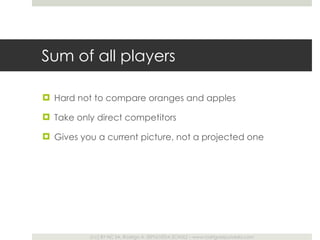 Sum of all players Hard not to compare oranges and apples Take only direct competitors Gives you a current picture, not a projected one 
