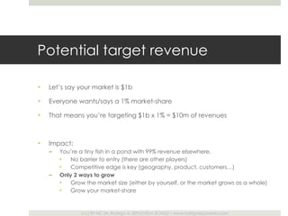 Potential target revenue Let ’s say your market is $1b Everyone wants/says a 1% market-share That means you ’re targeting $1b x 1% = $10m of revenues Impact: You ’re a tiny fish in a pond with 99% revenue elsewhere.  No barrier to entry (there are other players) Competitive edge is key (geography, product, customers…) Only 2 ways to grow Grow the market size (either by yourself, or the market grows as a whole) Grow your market-share 
