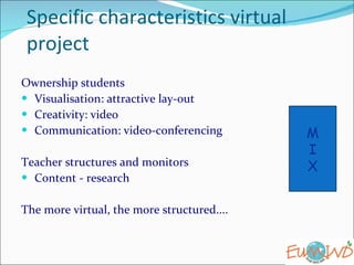 Specific characteristics virtual project Ownership students Visualisation: attractive lay-out Creativity: video Communication: video-conferencing Teacher structures and monitors Content - research The more virtual, the more structured.... M I X 
