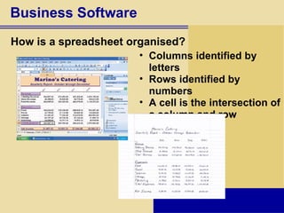 Business Software How is a spreadsheet organised? Columns identified by letters Rows identified by numbers A cell is the intersection of a column and row 