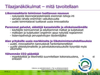 Tilaajanäkökulmat – mitä tavoitellaan  Liikennesektorin toiminnan tuottavuus nousuun nykyisestä liikennejärjestelmästä enemmän tehoja irti samalla rahalla enemmän vaikuttavuutta uudet toimintatavat tuottavat uusia innovaatioita Paremmat palvelut, säästöjä kansalaisille ja elinkeinoelämälle käyttäjille toimivammat ja edullisemmat matkat ja kuljetukset matkojen ja kuljetusten ongelmiin apua nykyistä nopeammin lisäarvopalveluja peruspalvelujen täydentäjäksi  Alan yrityksille uusia markkinoita ja liiketoimintamahdollisuuksia   uudet, innovaatioihin kannustavat hankintamenettelyt uusille yhteistyömalleille ja palvelukokonaisuuksille kysyntää myös ulkomailla Vähemmän CO2-päästöjä maankäyttöä ja liikennettä suunnitellaan kokonaisuutena,  ei erikseen  29.03.11 