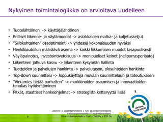 Nykyinen toimintalogiikka on arvioitava uudelleen  Tuotelähtöinen  -> käyttäjälähtöinen Erilliset liikenne- ja väylämuodot -> asiakkaiden matka- ja kuljetusketjut ” Siilokohtainen” osaoptimointi -> yhdessä kokonaisuuden hyväksi Henkilöautoilun määräävä asema -> kaikki liikkumisen muodot tasapuolisesti  Väyläpainotus, investointivetoisuus -> monipuoliset keinot (neliporrasperiaate) Liikenteen jatkuva kasvu -> liikenteen kysynnän hallinta  Tuotteiden ja palvelujen hankinta -> palvelutason, olosuhteiden hankinta Top-down suunnittelu -> loppukäyttäjä mukaan suunnitteluun ja toteutukseen ” Virkamies tietää parhaiten” -> markkinoiden osaamisen ja innovaatioiden tehokas hyödyntäminen  Pitkät, staattiset hankeohjelmat -> strategista ketteryyttä lisää 