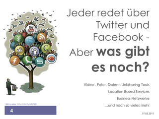 Jeder redet über
                                         Twitter und
                                        Facebook -
                                   Aber was    gibt
                                          es noch?
                                      Video-, Foto-, Daten-, Linksharing-Tools
                                                    Location Based Services
                                                          Business-Netzwerke
Bildquelle: http://bit.ly/6FtQEI
                                                  …und noch so vieles mehr
    4                                                                    19.03.2011
 