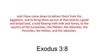and I have come down to deliver them from the
Egyptians, and to bring them up out of that land to a good
and broad land, a land flowing with milk and honey, to the
country of the Canaanites, the Hittites, the Amorites, the
Perizzites, the Hivites, and the Jebusites.

Exodus 3:8

 