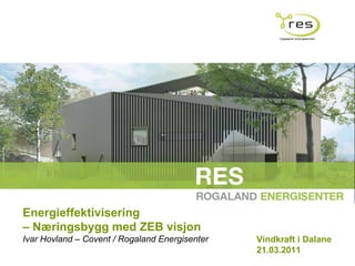 Energieffektivisering  –  Næringsbygg med ZEB visjon  Ivar Hovland – Covent / Rogaland Energisenter Vindkraft i Dalane  21.03.2011 