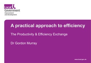 A practical approach to efficiency The Productivity & Efficiency Exchange Dr Gordon Murray www.local.gov.uk 