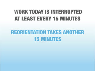 WORK TODAY IS INTERRUPTED
 AT LEAST EVERY 15 MINUTES

REORIENTATION TAKES ANOTHER
        15 MINUTES
 