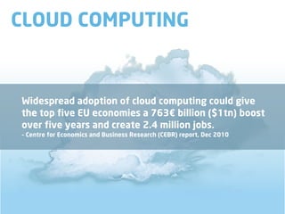 CLOUD COMPUTING


Widespread adoption of cloud computing could give
the top five EU economies a 763€ billion ($1tn) boost
over five years and create 2.4 million jobs.
– Centre for Economics and Business Research (CEBR) report, Dec 2010
 
