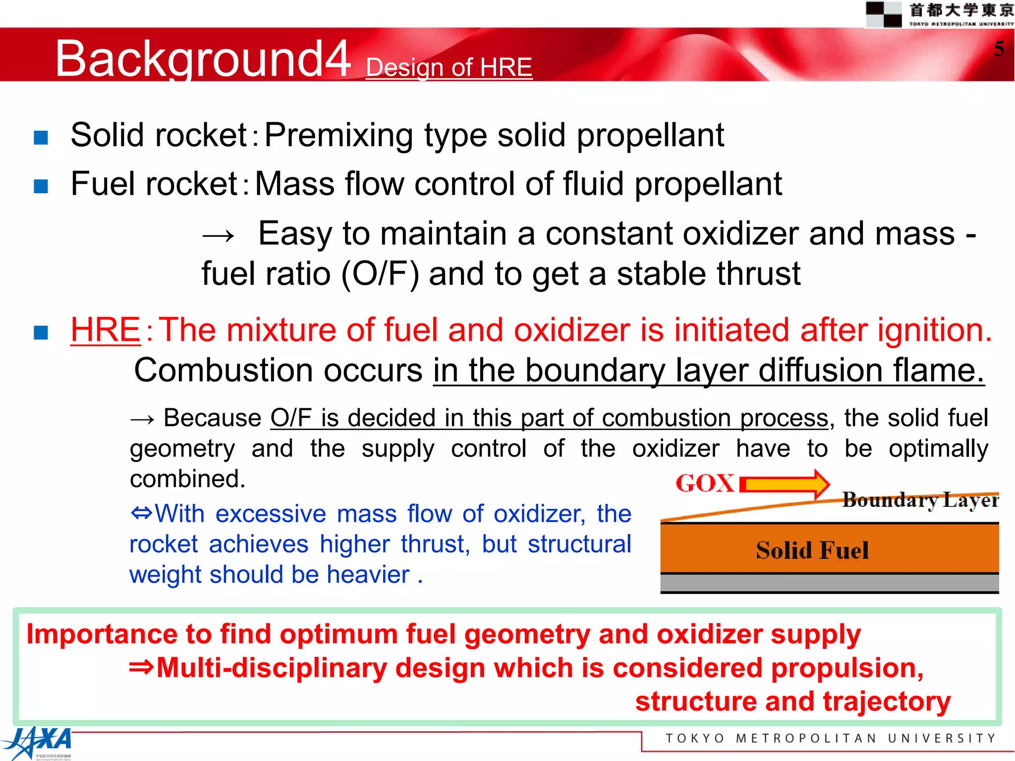 Background4 Design of HRE                                                         5



   Solid rocket：Premixing type solid propellant
   Fuel rocket：Mass flow control of fluid propellant
             → Easy to maintain a constant oxidizer and mass -
             fuel ratio (O/F) and to get a stable thrust
   HRE：The mixture of fuel and oxidizer is initiated after ignition.
       Combustion occurs in the boundary layer diffusion flame.
        → Because O/F is decided in this part of combustion process, the solid fuel
        geometry and the supply control of the oxidizer have to be optimally
        combined.
        ⇔With excessive mass flow of oxidizer, the
        rocket achieves higher thrust, but structural
        weight should be heavier .

Importance to find optimum fuel geometry and oxidizer supply
       ⇒Multi-disciplinary design which is considered propulsion,
                                            structure and trajectory
 