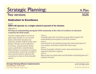 Strategic Planning:                                                                                       	

4. Plan
  Two versions                                                                                                  	

SGIS	

   Dedication to Excellence
   Goal 1!
   SGIS will operate as a single school in pursuit of its mission.
   Objective 2!
   Develop an understanding among the SGIS community of the value of excellence in education
   created by the SGIS model. !
   The three-campus model is not just an            Action 1: 
   added value of SGIS, it is an essential          Annually review the curriculum to assure that it supports the
   feature of the SGIS education and                understanding and acceptance of all SGIS students.!
   experience, both for students and for their      Action 2: 
   families. This fact must be reﬂected in          Communicate to all constituent groups the vision and progress of
   curriculum, communications, family               cross-campus connections at least three times a year. !
   events, and all other school functions.          Action 3:
   SGIS will have to re-examine curriculum,         Parents Association will plan events, times and location to be
   communications, and events annually to           supportive of all three campuses.     !!
                                                    Action 4: 
   assure that the school is reﬂecting this
   commitment in them in the best possible          Have at least one school-wide event for families and faculty from all 3
   manner.!                                         campuses each year. !


Strategic Planning: Effective Implementation	

                                                        SYNTHESIS
Wednesday Webinar: March 30, 2011	

© 2011 Synthesis Partnership. All rights reserved                                                      PA R T N E R S H I P
 