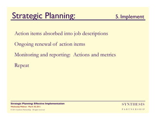 Strategic Planning:                               	

5. Implement
     Action items absorbed into job descriptions
     Ongoing renewal of action items
     Monitoring and reporting: Actions and metrics
     Repeat




Strategic Planning: Effective Implementation	

          SYNTHESIS
Wednesday Webinar: March 30, 2011	

© 2011 Synthesis Partnership. All rights reserved        PA R T N E R S H I P
 