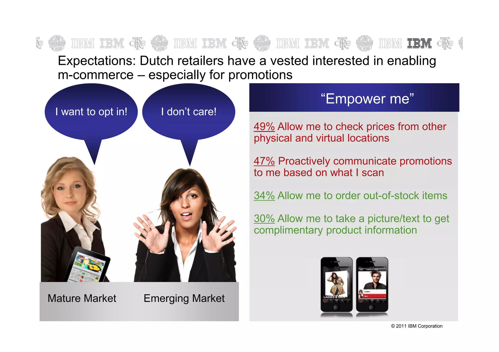 Expectations: Dutch retailers have a vested interested in enabling
 m-commerce – especially for promotions
                                                      “Empower me”
 I want to opt in!      I don’t care!
                                        49% Allow me to check prices from other
                                        physical and virtual locations

                                        47% Proactively communicate promotions
                                        to me based on what I scan

                                        34% Allow me to order out-of-stock items

                                        30% Allow me to take a picture/text to get
                                        complimentary product information




Mature Market        Emerging Market

                                                                     © 2011 IBM Corporation
 