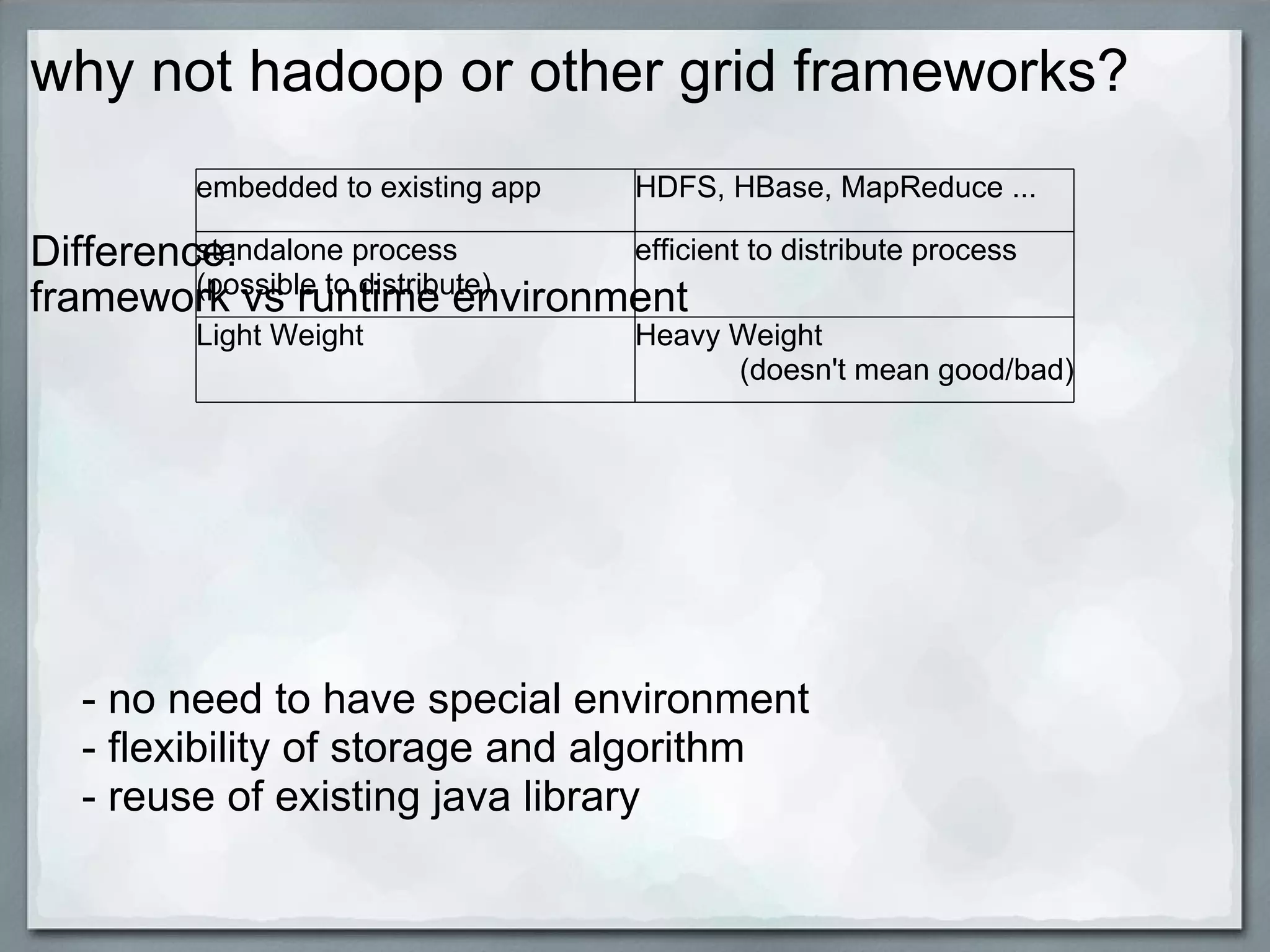why not hadoop or other grid frameworks? Difference: framework vs runtime environment - no need to have special environment - flexibility of storage and algorithm - reuse of existing java library embedded to existing app HDFS, HBase, MapReduce ... standalone process (possible to distribute) efficient to distribute process Light Weight Heavy Weight (doesn't mean good/bad) 