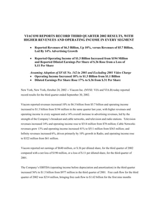VIACOM REPORTS RECORD THIRD QUARTER 2002 RESULTS, WITH
  HIGHER REVENUES AND OPERATING INCOME IN EVERY SEGMENT

        •   Reported Revenues of $6.3 Billion, Up 10%, versus Revenues of $5.7 Billion,
            Led By 14% Advertising Growth

        •   Reported Operating Income of $1.3 Billion Increased from $194 Million
            and Reported Diluted Earnings Per Share of $.36 Rose from a Loss of
            $.11 Per Share

        Assuming Adoption of SFAS No. 142 in 2001 and Excluding 2001 Video Charge
        • Operating Income Increased 18% to $1.3 Billion from $1.1 Billion
        • Diluted Earnings Per Share Rose 17% to $.36 from $.31 Per Share


New York, New York, October 24, 2002 -- Viacom Inc. (NYSE: VIA and VIA.B) today reported
record results for the third quarter ended September 30, 2002.


Viacom reported revenues increased 10% to $6.3 billion from $5.7 billion and operating income
increased to $1.3 billion from $194 million in the same quarter last year, with higher revenues and
operating income in every segment and a 14% overall increase in advertising revenues, led by the
strength of the Company’s broadcast and cable networks, and television and radio stations. Television
revenues increased 14% and operating income rose to $314 million from $78 million; Cable Networks
revenues grew 13% and operating income increased 41% to $511 million from $363 million; and
Infinity revenues increased 6%, driven primarily by 10% growth in Radio, and operating income rose
to $322 million from $61 million.


Viacom reported net earnings of $640 million, or $.36 per diluted share, for the third quarter of 2002
compared with a net loss of $190 million, or a loss of $.11 per diluted share, for the third quarter of
2001.


The Company’s EBITDA (operating income before depreciation and amortization) in the third quarter
increased 56% to $1.5 billion from $977 million in the third quarter of 2001. Free cash flow for the third
quarter of 2002 was $214 million, bringing free cash flow to $1.62 billion for the first nine months
 