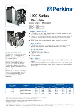 1100 Series
1103A-33G
Diesel Engine - ElectropaK
28 kWm 1500 rev/min
33 kWm 1800 rev/min
Compact, Efficient Power
 1100 Series is the result of an intensive period of customer research that has
guided the development of the range.
 The new 3.3 litre cylinder block ensures bore roundness is maintained under the
pressures of operation. It also ensures combustion and mechanical noise is
lowered.
 A new cylinder head has re-established Perkins mastery of air control.
Quality by Design
 Product design and Class A manufacturing improvements enhance product
reliability while maintaining Perkins legendary reputation for durability.
Cost Effective Power
 Compact size and low noise.
 Lower fuel consumption and oil use.
 500 hour service intervals.
 Two year warranty.
Product Support
 Total worldwide service is provided through a network of 4,000 distributors and
dealers.
 TIPSS - The Integrated Parts and Support System enables customers to specify
and order parts electronically as well as service engines with on-line guides and
service tools.
Building upon Perkins proven
reputation within the power generation
industry, the 1100 Series range of
ElectropaK engines now fit even closer
to customers needs.
In the world of power generation
success is only gained by providing
more for less. With the 1103A-33G
Perkins has engineered even higher
levels of reliability, yet lowered the cost
of ownership.
1100A units are designed for territories
that do not require compliance to EPA
or EU emissions legislation. These
units are able to meet TA luft
legislation.
Typical Generator Engine Power
Output (Net) Gross Net
kVA kWe kW bhp kW bhp
1500 Prime Power 30.0 24.0 28.2 37.8 27.7 37.1
Standby (maximum) 33.0 26.4 31.0 41.6 30.4 40.8
1800 Prime Power 34.9 27.9 33.2 44.5 32.2 43.2
Standby (maximum) 38.2 30.6 36.5 48.9 35.4 62.5
Operation
Type
Engine speed
rev/min
The above ratings represent the engine performance capabilities to conditions specified in ISO 8528/1, ISO 3046/1:1986, BS5514/1
Derating may be required for conditions outside these; consult Perkins Engines Company Limited
Generator powers are typical and are based on an average alternator efficiency and a power factor (cos. q) of 0.8
Fuel specification: BS 2869: Part 2 1998 Class A2 or DIN EN 590
Lubricating oil: 15W40 to API CG4
Rating Definitions
Prime power: Variable load. Unlimited hours usage with an average load factor of 80% of the published prime power over each 24 hour period. A 10% overload is available for 1 hour in every 12 hours of operation.
Standby power: Variable load. Limited to 500 hours annual usage, up to 300 hours of which may be continuous running. No overload is permitted.
All information in this document is substantially correct at time of printing and may be altered subsequently Publication No.1780/01/06 Produced in England ©2006 Perkins Engines Company Limited
 