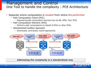Protocols and Multi-Layer IntegrationCurrent and future key requirementsG.709 / OTNScalable wrapping, multiplexing and switching technology Evolved to be more Ethernet friendlyODUflex support channelization of TDM & packet interfacesHitless resizing provides for in-service channel sizingNeed to support future bitrates and transparent timingEthernet, MPLS-TP, MPLSAll evolving and having their playMulti-layer integration is the key challengeTodayT-MPLSMPLS-TP?transportpacketEFMCFMY.17311G10G40G/100GProtocols?SONETSDHTDMG.709v3G.709v1G.709v2