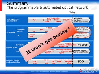 Protocols and Multi-Layer IntegrationMPLS-TP and EthernetBoth, Ethernet and MPLS extended with Transport Profiles (TP)OAM, protection, traffic engineering, static and dynamic options, …Comparison is difficultMPLS-TP might have benefits in MPLS interworking (but …)Ethernet is the data link layer, always !The clever bit is to ensure seamless interworkingMPLS, VPLSService VLANMPLS PWTunnel VLANLink VLANMPLS LinkEthernet, GFPODU switchingOTN Framing, FEC, OAMOptical switching and transportMultiple options to achieve the same !