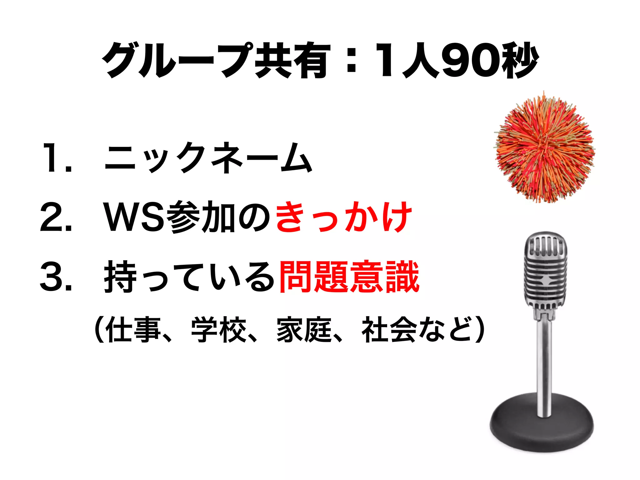 1.  ニックネーム
2.  WS参加のきっかけ
3.  持っている問題意識
（仕事、学校、家庭、社会など）
グループ共有：1人90秒
 