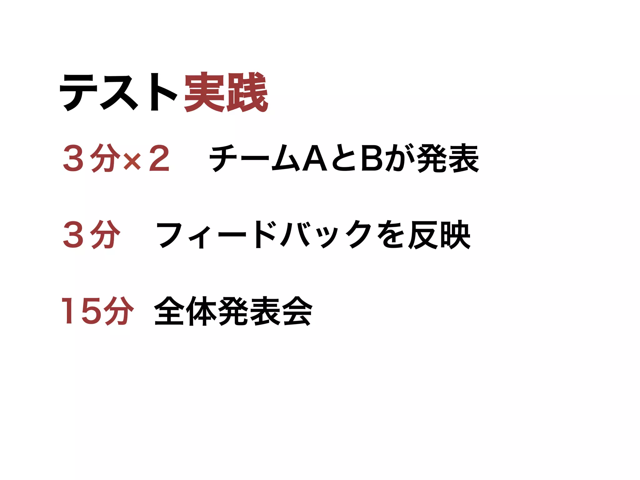 テスト実践
３分 ２ チームAとBが発表
３分 フィードバックを反映
15分 全体発表会
 