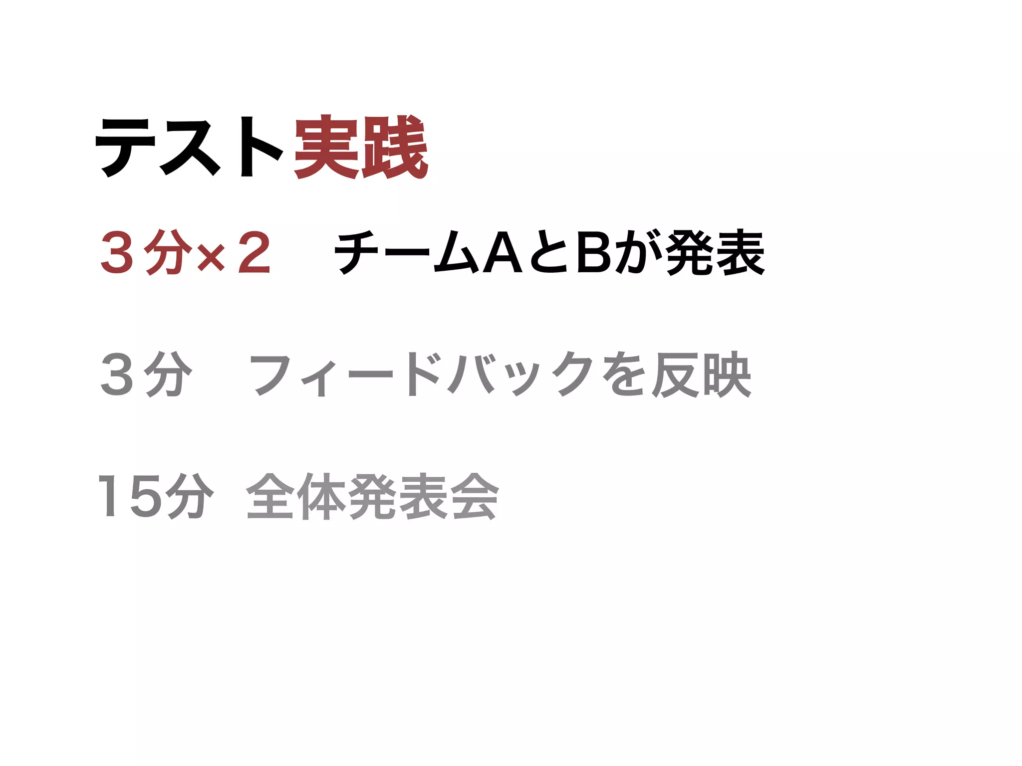 テスト実践
３分 ２ チームAとBが発表
３分 フィードバックを反映
15分 全体発表会
 