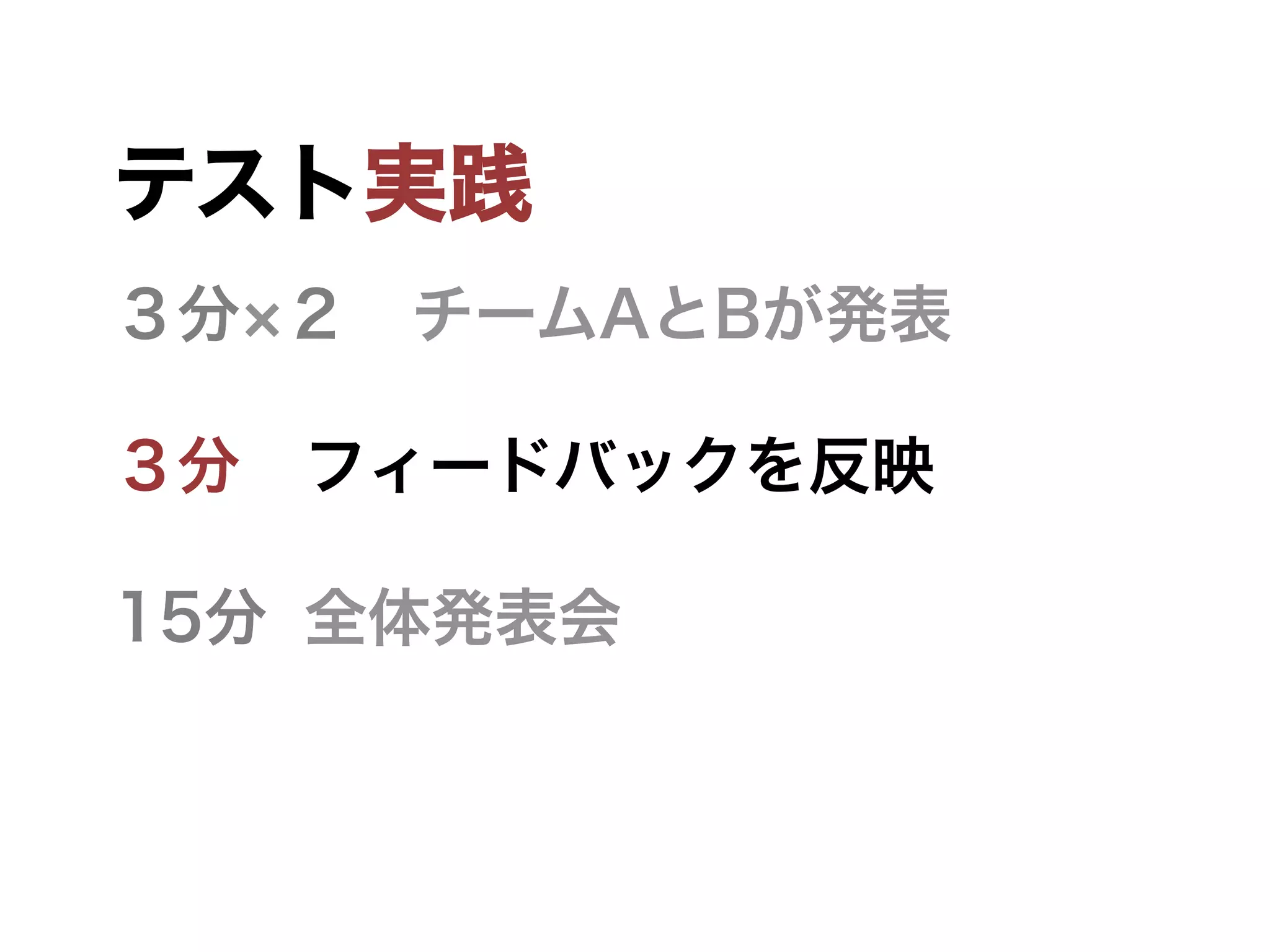 テスト実践
３分 ２ チームAとBが発表
３分 フィードバックを反映
15分 全体発表会
 