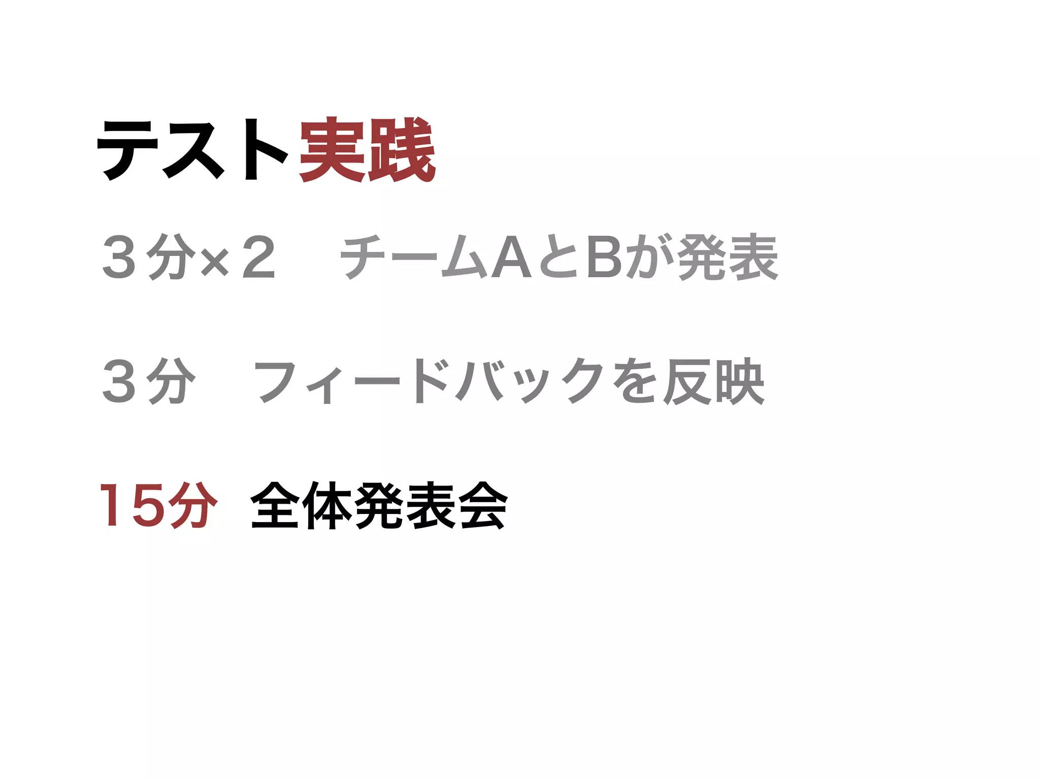 テスト実践
３分 ２ チームAとBが発表
３分 フィードバックを反映
15分 全体発表会
 