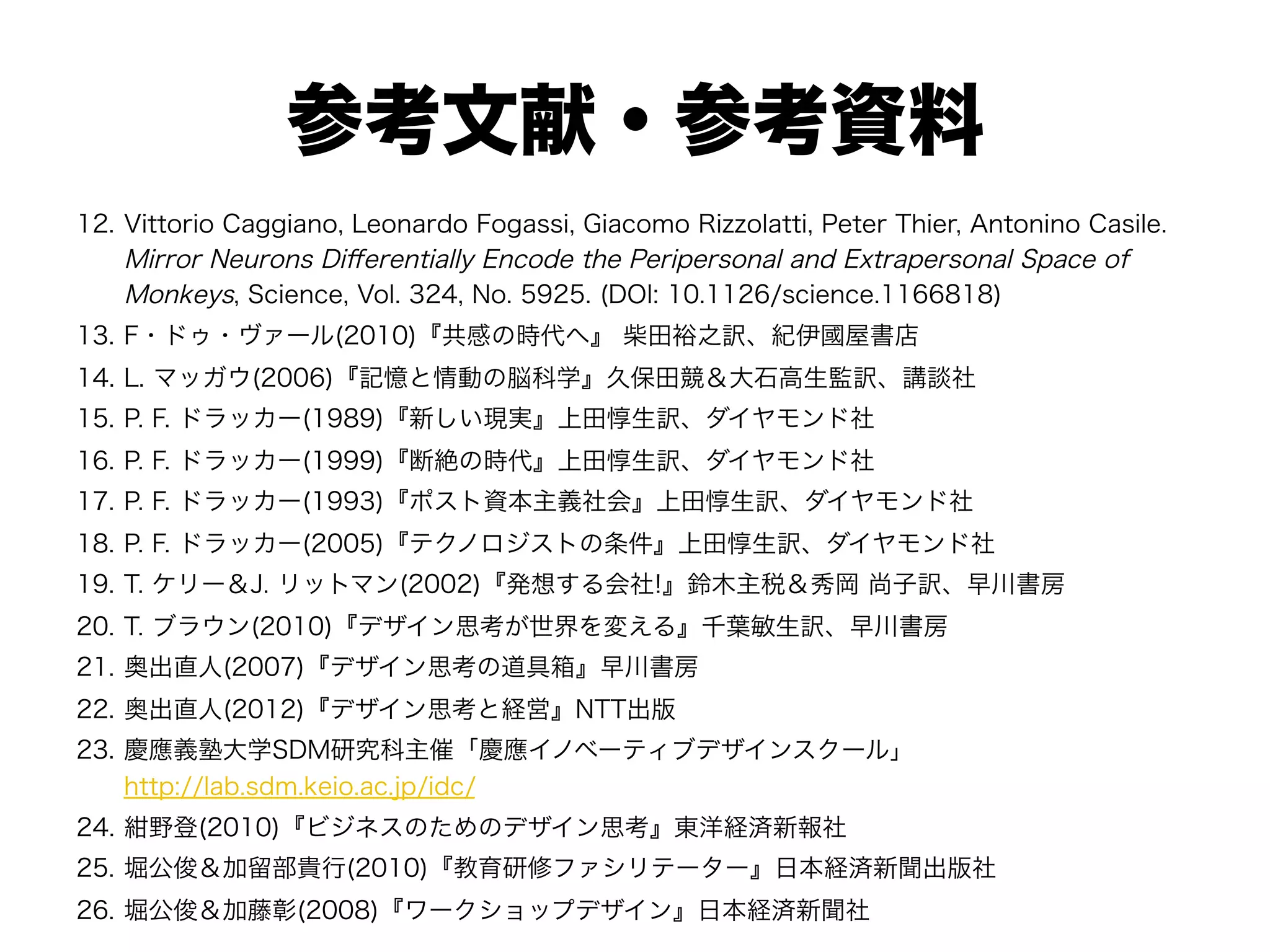 参考文献・参考資料
12.  Vittorio Caggiano, Leonardo Fogassi, Giacomo Rizzolatti, Peter Thier, Antonino Casile.
Mirror Neurons Diﬀerentially Encode the Peripersonal and Extrapersonal Space of
Monkeys, Science, Vol. 324, No. 5925. (DOI: 10.1126/science.1166818)
13.  F・ドゥ・ヴァール(2010)『共感の時代へ』 柴田裕之訳、紀伊國屋書店
14.  L. マッガウ(2006)『記憶と情動の脳科学』久保田競＆大石高生監訳、講談社
15.  P. F. ドラッカー(1989)『新しい現実』上田惇生訳、ダイヤモンド社
16.  P. F. ドラッカー(1999)『断絶の時代』上田惇生訳、ダイヤモンド社
17.  P. F. ドラッカー(1993)『ポスト資本主義社会』上田惇生訳、ダイヤモンド社
18.  P. F. ドラッカー(2005)『テクノロジストの条件』上田惇生訳、ダイヤモンド社
19.  T. ケリー＆J. リットマン(2002)『発想する会社!』鈴木主税＆秀岡 尚子訳、早川書房
20.  T. ブラウン(2010)『デザイン思考が世界を変える』千葉敏生訳、早川書房
21.  奥出直人(2007)『デザイン思考の道具箱』早川書房
22.  奥出直人(2012)『デザイン思考と経営』NTT出版
23.  慶應義塾大学SDM研究科主催「慶應イノベーティブデザインスクール」
http://lab.sdm.keio.ac.jp/idc/
24.  紺野登(2010)『ビジネスのためのデザイン思考』東洋経済新報社
25.  堀公俊＆加留部貴行(2010)『教育研修ファシリテーター』日本経済新聞出版社
26.  堀公俊＆加藤彰(2008)『ワークショップデザイン』日本経済新聞社
 