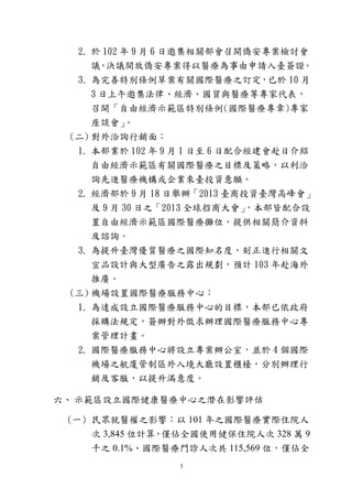 5
2. 於 102 年 9 月 6 日邀集相關部會召開僑安專案檢討會
議，決議開放僑安專案得以醫療為事由申請入臺簽證。
3. 為完善特別條例草案有關國際醫療之訂定，已於 10 月
3 日上午邀集法律、經濟、國貿與醫療等專家代表，
召開「自由經濟示範區特別條例(國際醫療專章)專家
座談會」。
(二) 對外洽詢行銷面：
1. 本部業於 102 年 9 月 1 日至 6 日配合經建會赴日介紹
自由經濟示範區有關國際醫療之目標及策略，以利洽
詢先進醫療機構或企業來臺投資意願。
2. 經濟部於 9 月 18 日舉辦「2013 臺商投資臺灣高峰會」
及 9 月 30 日之「2013 全球招商大會」，本部皆配合設
置自由經濟示範區國際醫療攤位，提供相關簡介資料
及諮詢。
3. 為提升臺灣優質醫療之國際知名度，刻正進行相關文
宣品設計與大型廣告之露出規劃，預計 103 年赴海外
推廣。
(三) 機場設置國際醫療服務中心：
1. 為達成設立國際醫療服務中心的目標，本部已依政府
採購法規定，簽辦對外徵求辦理國際醫療服務中心專
案管理計畫。
2. 國際醫療服務中心將設立專案辦公室，並於 4 個國際
機場之航廈管制區外入境大廳設置櫃檯，分別辦理行
銷及客服，以提升滿意度。
六、 示範區設立國際健康醫療中心之潛在影響評估
(一) 民眾就醫權之影響：以 101 年之國際醫療實際住院人
次 3,845 位計算，僅佔全國使用健保住院人次 328 萬 9
千之 0.1%、國際醫療門診人次共 115,569 位，僅佔全
 