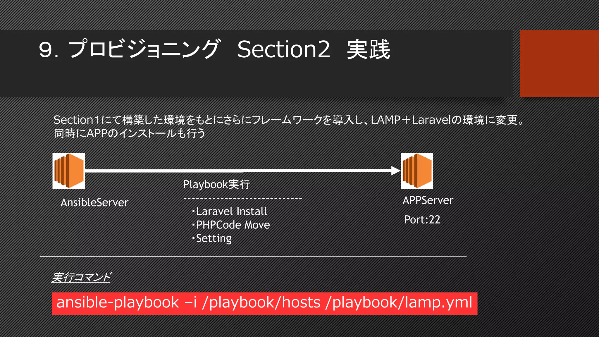 ９．プロビジョニング Section2 実践
Section１にて構築した環境をもとにさらにフレームワークを導入し、LAMP＋Laravelの環境に変更。
同時にAPPのインストールも行う
APPServerAnsibleServer
Playbook実行
-----------------------------
・Laravel Install
・PHPCode Move
・Setting
Port:22
実行コマンド
ansible-playbook –i /playbook/hosts /playbook/lamp.yml
 