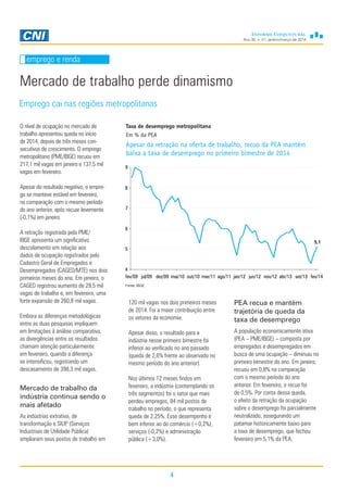 Ano 30, n. 01, janeiro/março de 2014
4
emprego e renda
Mercado de trabalho perde dinamismo
Emprego cai nas regiões metropolitanas
emprego e renda
PEA recua e mantém
trajetória de queda da
taxa de desemprego
A população economicamente ativa
(PEA – PME/IBGE) – composta por
empregados e desempregados em
busca de uma ocupação – diminuiu no
primeiro bimestre do ano. Em janeiro,
recuou em 0,8% na comparação
com o mesmo período do ano
anterior. Em fevereiro, o recuo foi
de 0,5%. Por conta dessa queda,
o efeito da retração da ocupação
sobre o desemprego foi parcialmente
neutralizado, assegurando um
patamar historicamente baixo para
a taxa de desemprego, que fechou
fevereiro em 5,1% da PEA.
O nível de ocupação no mercado de
trabalho apresentou queda no início
de 2014, depois de três meses con-
secutivos de crescimento. O emprego
metropolitano (PME/IBGE) recuou em
217,1 mil vagas em janeiro e 137,5 mil
vagas em fevereiro.
Apesar do resultado negativo, o empre-
go se manteve estável em fevereiro,
na comparação com o mesmo período
do ano anterior, após recuar levemente
(-0,1%) em janeiro.
A retração registrada pela PME/
IBGE apresenta um significativo
descolamento em relação aos
dados de ocupação registrados pelo
Cadastro Geral de Empregados e
Desempregados (CAGED/MTE) nos dois
primeiros meses do ano. Em janeiro, o
CAGED registrou aumento de 29,5 mil
vagas de trabalho e, em fevereiro, uma
forte expansão de 260,8 mil vagas.
Embora as diferenças metodológicas
entre as duas pesquisas impliquem
em limitações à análise comparativa,
as divergências entre os resultados
chamam atenção particularmente
em fevereiro, quando a diferença
se intensificou, registrando um
descasamento de 398,3 mil vagas.
Mercado de trabalho da
indústria continua sendo o
mais afetado
As indústrias extrativa, de
transformação e SIUP (Serviços
Industriais de Utilidade Pública)
ampliaram seus postos de trabalho em
120 mil vagas nos dois primeiros meses
de 2014. Foi a maior contribuição entre
os setores da economia.
Apesar disso, o resultado para a
indústria nesse primeiro bimestre foi
inferior ao verificado no ano passado
(queda de 2,6% frente ao observado no
mesmo período do ano anterior).
Nos últimos 12 meses findos em
fevereiro, a indústria (contemplando os
três segmentos) foi o setor que mais
perdeu empregos, 84 mil postos de
trabalho no período, o que representa
queda de 2,25%. Esse desempenho é
bem inferior ao do comércio (+0,2%),
serviços (-0,2%) e administração
pública (+3,0%).
Fonte: IBGE
Taxa de desemprego metropolitana
Em % da PEA
Apesar da retração na oferta de trabalho, recuo da PEA mantém
baixa a taxa de desemprego no primeiro bimestre de 2014
5,1
4
5
6
7
8
9
fev/09 jul/09 dez/09 mai/10 out/10 mar/11 ago/11 jan/12 jun/12 nov/12 abr/13 set/13 fev/14
 
