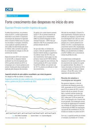 Ano 30, n. 01, janeiro/março de 2014
8
política fiscal
A política fiscal acentuou, nos primeiros
meses de 2014, o caráter expansionista
observado no ano anterior. O expressivo
crescimento das despesas foi registrado
tanto no Governo Federal como nos gover-
nos de estados e municípios. Entretanto,
a nova queda do superávit primário do
setor público foi determinado pelo Gover-
no Federal, onde o aumento dos gastos
foi acompanhado de redução no ritmo de
aumento das receitas.
Depois de encerrar 2013 com crescimen-
to real de 6,9%, as despesas federais
aceleraram seu ritmo de expansão para
9,4% no primeiro bimestre de 2014, na
comparação com o mesmo período do ano
anterior. Grande parte dessa aceleração foi
explicada pelas despesas discricionárias.
Os gastos com custeio tiveram aumento
real de 11,3% no primeiro bimestre de
2014, ao passo que os investimentos
(GND 4 do Sistema Integrado de Admi-
nistração Financeira – SIAFI) mais que
dobraram (108,7%) na comparação com o
primeiro bimestre de 2013.
Ao que tudo indica, na tentativa de
cumprir a meta de superávit primário, o
Governo Federal retardou os pagamentos
nos últimos meses de 2013. No caso
dos investimentos, foram pagos nos dois
primeiros meses de 2014 R$ 9,0 bilhões
em restos a pagar dos anos anteriores. No
mesmo período de 2013, esse montante
foi de R$ 4,3 bilhões. Um aumento real
de 107,1%, próximo ao verificado no total
dos investimentos.
Pelo lado da arrecadação, o Governo Fe-
deral experimentou movimento oposto ao
verificado nas despesas. O aumento real
da receita líquida foi de 1,6% nos meses
de janeiro e fevereiro de 2014, na com-
paração com o mesmo período do ano
anterior. Em 2013, a receita líquida teve
crescimento real de 5,9%, impulsionado
pela arrecadação extraordinária de R$ 20
bilhões com parcelamentos de débitos
e de R$ 15 bilhões com a concessão do
campo de petróleo de Libra.
O resultado dessa combinação de
despesas em aceleração e perda de ritmo
de crescimento das receitas foi a queda
do superávit primário. Nos últimos 12
meses encerrados em fevereiro de 2014,
o resultado primário do Governo Federal
alcançou 1,3% do PIB, contra 1,55%
registrado até dezembro de 2013.
Receita de estados e
municípios se recupera
Nos governos regionais, o ritmo de
crescimento das despesas passou de
4,6%, observados em 2013 contra 2012,
para 8,2% em janeiro de 2014, contra o
mesmo mês do ano anterior. Por outro
lado, o aumento real das receitas dos
estados e municípios, que foi de 3,3% em
2013, saltou para 12,4% em janeiro de
2014, na comparação com o mesmo mês
do ano passado. Essa aceleração ocorreu
em função da regularização de transferên-
cias recebidas da União para compensar
a desoneração do ICMS nas exportações,
cuja parcela não transferida em 2013 foi
enviada aos estados em janeiro de 2014.
Com isso, o superávit primário de estados
e municípios acumulado em 12 meses
Superávit primário do setor público consolidado e por níveis de governo
Em relação ao PIB nos últimos 12 meses (%)
Superávit primário do setor público caiu 0,6 ponto percentual do PIB
entre o janeiro de 2013 e fevereiro de 2014
Fonte: Banco Central do Brasil - Elaboração: CNI
Forte crescimento das despesas no início do ano
Superávit Primário mantém trajetória de queda
0
1
2
3
4
jan/12 mar/12 mai/12 jul/12 set/12 nov/12 jan/13 mar/13mai/13 jul/13 set/13 nov/13 jan/14
Setor Público Consolidado Governo Federal Governos Regionais
 