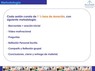 Metodología   Cada sesión consta de  1 ½ hora de duración , con  siguiente metodología: Bienvenida + oración inicial Video motivacional Preguntas Reflexión Personal Escrita Compartir y Reflexión grupal  Conclusiones, cierre y entrega de material. 