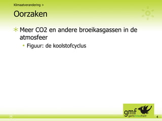 Oorzaken Meer CO2 en andere broeikasgassen in de atmosfeer  Figuur: de koolstofcyclus Klimaatverandering > 